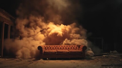 A vintage, tufted sofa surrounded by dense smoke in a dimly lit, abandoned room, creating an eerie atmosphere that suggests a dramatic scene or artistic photography concept
