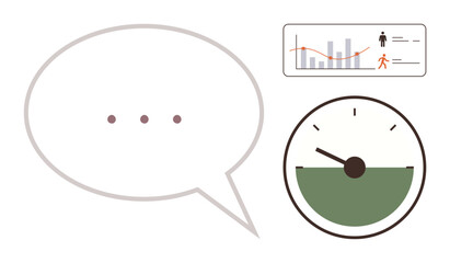 Speech bubble with ellipsis, performance gauge, and data graph with person silhouette. Ideal for communication, feedback, analysis, business, teamwork growth decision-making. Simple flat metaphor
