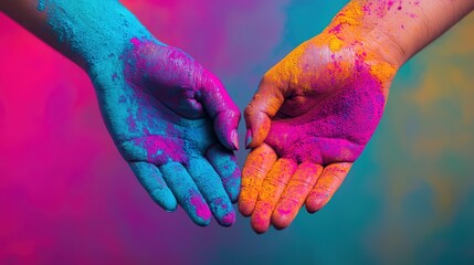 Couple celebrating holi with colorful hands outdoor festival emotional moment vibrant environment close-up perspective