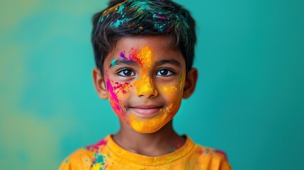 Colorful holi celebration with joyful child in vibrant atmosphere captured at festival event