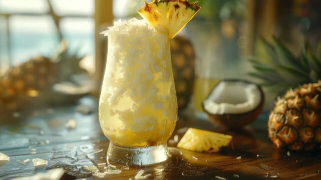 A glass of a drink with a pineapple slice on top