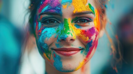 Vibrant holi celebration friends covered in color outdoor festival closeup portraits joyful atmosphere