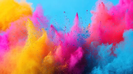 Aerial view of vibrant color powder explosion at festive outdoor celebration