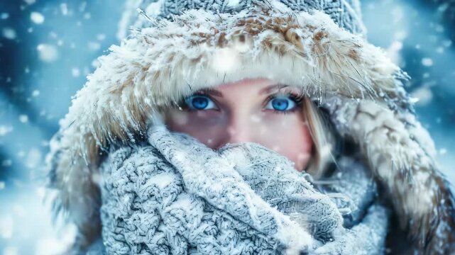 Woman wearing fur lined parka and scarf while looking off to side during snowstorm