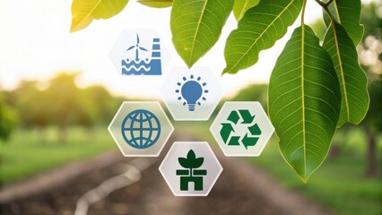 A green-themed image showcasing eco-friendly icons and symbols representing sustainability, energy, and nature against a blurred outdoor background.