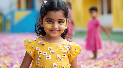 Children play joyfully with flower petals in vibrant outdoor setting celebrating nature's beauty