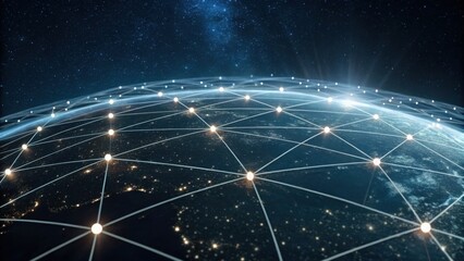 A digital representation of a networked globe illuminated by lights, symbolizing global connectivity and the digital world.