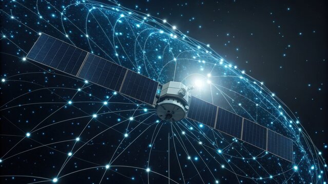 A futuristic satellite orbits a digital network, emitting light signals in a cosmic background, symbolizing advanced technology and connectivity.