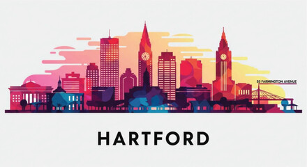 Naklejka premium Vibrant silhouette of the hartford connecticut skyline at sunset
