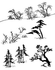 Set of hand drawing tree isolated on a white background. Tree silhouette collection