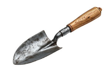 Small tarnished trowel with wooden handle on black ground