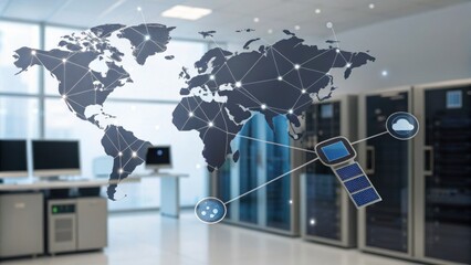 A modern data center featuring a world map overlay, symbolizing global connectivity and technology integration.