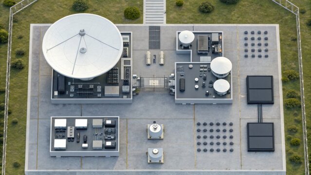 Aerial view of a modern facility featuring satellite dishes and industrial equipment, surrounded by greenery and paved pathways.