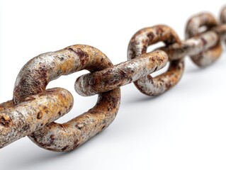 Fototapeta premium Close up of a rusty metal chain with a textured surface against a white background