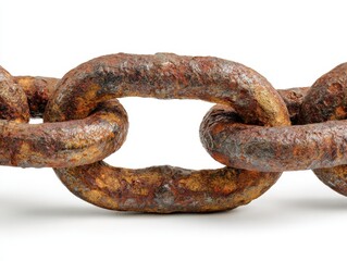 Fototapeta premium Close up of a heavily rusted metal chain with textured links against a white background