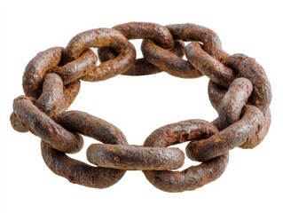 Fototapeta premium A weathered rusty metal chain formed into a circular shape against a clean white backdrop