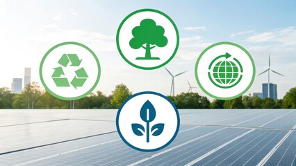A visual representation of sustainability featuring icons for recycling, trees, the globe, and plants against a backdrop of solar panels and wind turbines.