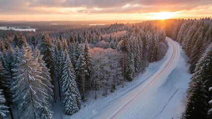 Winding road covered in snow through a vast evergreen forest bathed in warm light of a winter sunset - Powered by Adobe