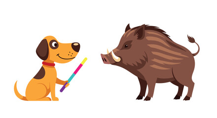 A cute cartoon dog sits holding a colorful magic wand, facing a wild boar in a whimsical and funny character illustration on a white background.