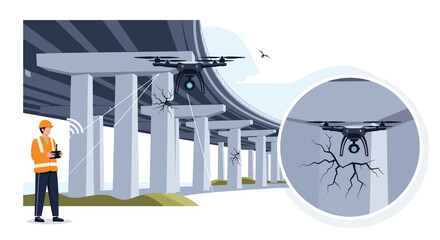 Obraz premium Engineer uses a remote control for a drone to perform a structural inspection of cracks under a concrete bridge, illustrating modern maintenance.