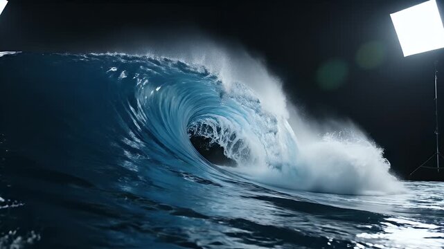 Crashing Blue Wave with White Spray Against Black Background in Studio Lighting