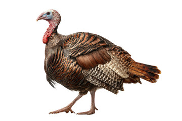 Wild turkey, brown feathers, red wattle, against dark background