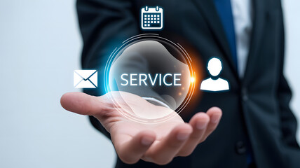 Business Hand Displaying SERVICE Icon with Calendar Email and User Symbols for Digital Customer Engagement