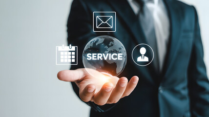 Business Hand Holding Digital Globe with SERVICE Email Calendar and User Icons for Customer Support