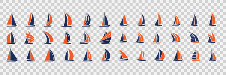 Stylized collection of various sailboat logo designs and icons, showcasing diverse forms and arrangements of blue and orange sails on a bright backdrop. 