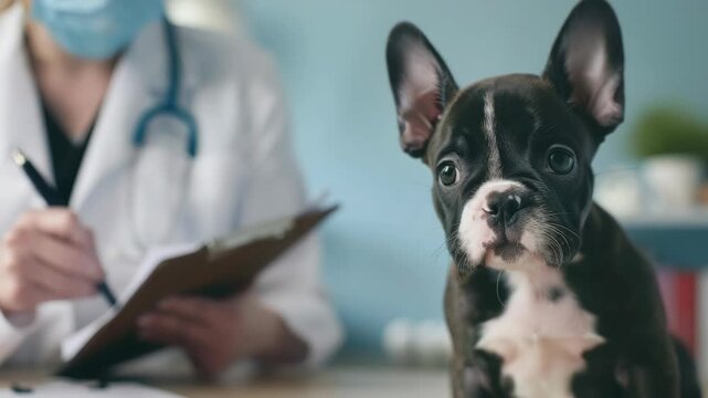 A small dog sits on a table in front of the vet, with a concerned look on its face.