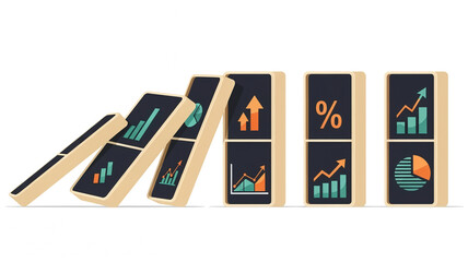 Domino Effect Illustration Showing Falling Tiles with Financial Charts and Business Risk