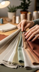 Hands selecting fabric swatches for textile design.
