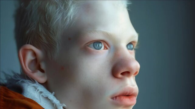 Close-up of young individual with fair skin and striking gaze.