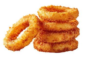 Stack of crispy golden onion rings, fried perfection