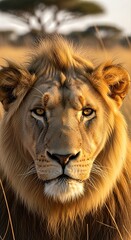 Majestic Lion Portrait in Golden Hour Sunlight on African Savannah.