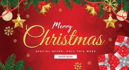 A vibrant and festive Christmas sale banner featuring a rich red background, elegant golden script text reading 'Merry Christmas', surrounded by golden bells, stars, snowflakes, pine branches, gifts.
