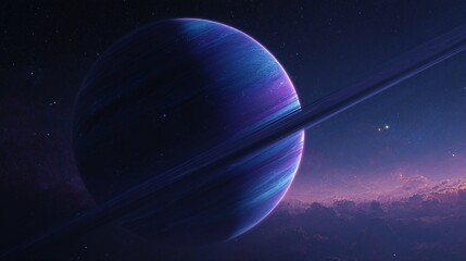 Ringed planet with purple and blue atmosphere against a starry sky background.