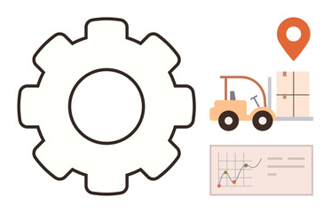 Gear representing process automation, forklift moving boxes, location pin, and analytics chart. Ideal for logistics, supply chain, management, productivity innovation tracking planning. Simple
