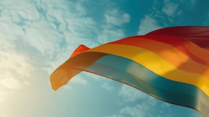 Vibrant and dynamic scene with a rainbow-colored kite soaring against a blue backdrop with white clouds.