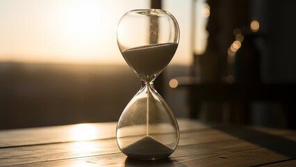 Hourglass on wooden table at sunset time