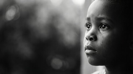 Sad child with tears in eyes gazes out of window, capturing a moment of vulnerability and emotion, reflecting feelings of loneliness and longing in a soft, blurred background