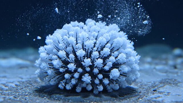 Delicate spiky marine organism covered in frosty white crystals underwater