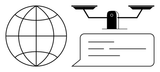 Global ethics, social justice, law, decision-making, balanced communication, universal fairness. ion of scales, globe and speech bubble. Global ethics and social justice concept