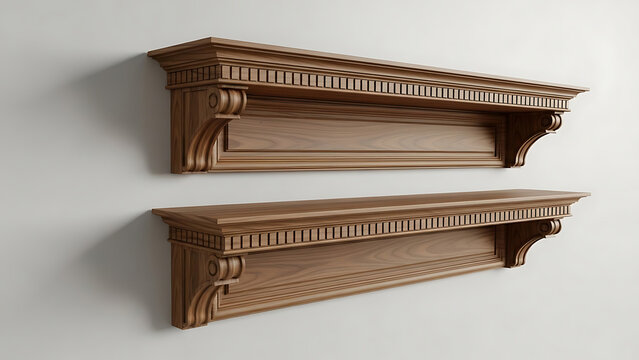 Elegant wooden wall shelves with decorative corbels adding a touch of classic design to any interior space