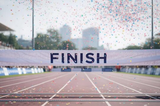 Marathon Race Finish Line Celebration with Falling Confetti Motivation Scene, Motivation for New Challenges and Goals