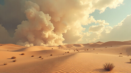 Desert Landscape with Sandy Dunes and Cloudy Sky