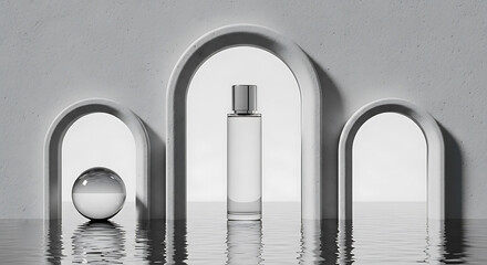Clear glass perfume bottle with silver cap on water with arches image