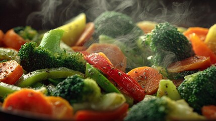 Steaming cooked vegetables including broccoli and carrots in a pan.
