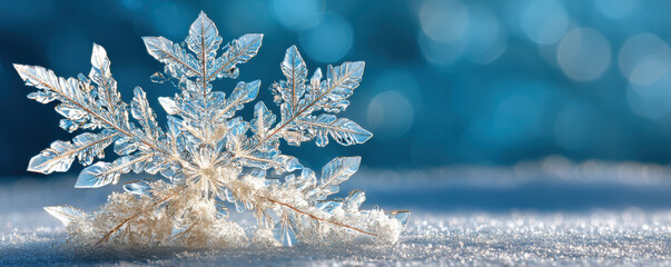 Crystal snowflake on snow surface with blue bokeh background, delicate ice pattern sparkling in cold winter light
