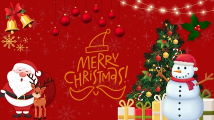 A Christmas card. A Christmas tree, Santa Claus, gifts, a snowman, snowflakes, decorative lights, and a predominantly red background.